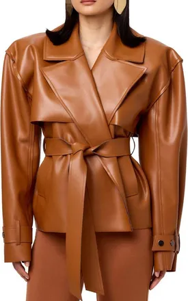 Naked Wardrobe Faux Leather Crop Trench Coat in Camel at Nordstrom, Size X-Large