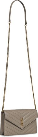 Saint Laurent Womens Chain Wallet Cassandre Envelope Calfskin Grey Bag