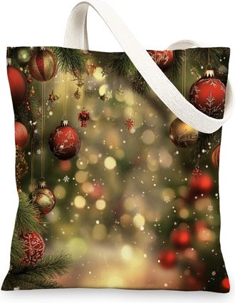 Generic Pine Merry Christmas Balls Canvas Tote Bag for Shopping 13x15, Magic Xmas Scene Reusable Grocery Print Bag for Women, Holiday New Year Beach Aesthetic