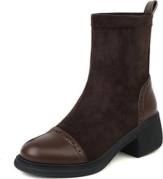 Generic Womens Sock Ankle Boots Suede Like And PU Leather Contrast Round Toe Brogue Details Chunky Heel Pull Tab Non Slip Sole Comfortable Stylish For Daily C