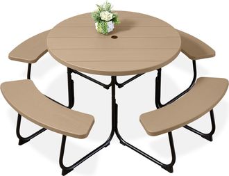 Best Choice Products 8-Person Circular Outdoor Picnic Table w/ 4 Benches, Umbrella Hole, 2000lb Capacity