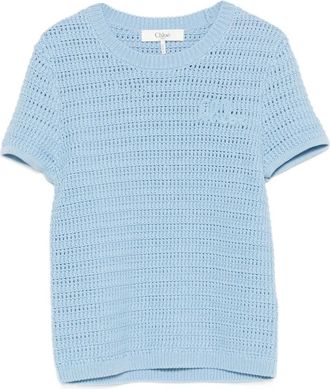 Chloé crochet-knit T-shirt - women - Cotton - M - Blue