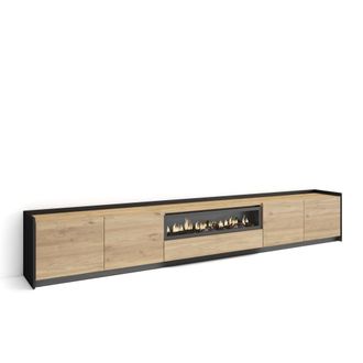 Skraut Home Mueble tv efecto madera roble negro 310x37x50cm chimenea efecto fuego