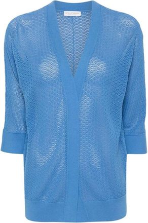 Le Tricot Perugia Blauwe Katoenen Vest met Open Breisel - Dames - Vesten - Blauw - 3XL - Katoen - Truien & Vesten