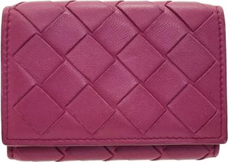 Bottega Veneta Red Color Wine Intrecciato Wallet (Tri-Fold) (Pre-Owned)