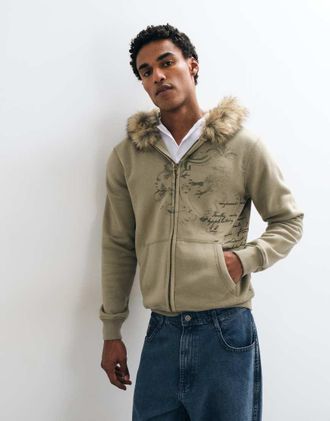 Hollister felpa con cappuccio e zip foderata in pelliccia color kaki-Verde