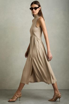 Reiss Womens Beige Lyocell Jersey Sleeveless Midi Dress, Size: L