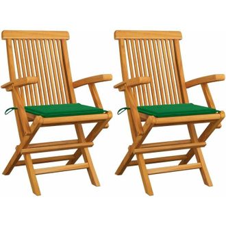 vidaXL Sillas De Jard&iacute;n 2 Uds Madera Maciza De Teca Con Cojines Verdes Vidaxl