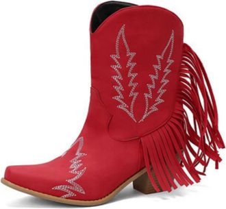 Generic Womens Pointed Toe PU Leather Short Boots Mid Block Heel Fringe Boots Pull on Booties with Embroidery Stitched,Red,8.5 UK