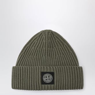 Stone Island Berretto a coste con patch Compass in lana verde