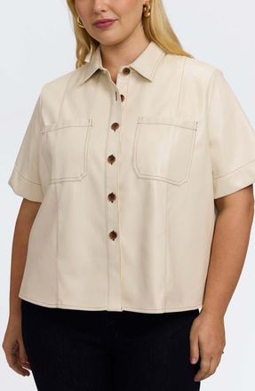 Foxcroft Demi Elbow Sleeve Faux Leather Button-Up Shirt in Cream at Nordstrom, Size 1 X