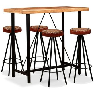 vidaXL Mesa Y 4 Taburetes Bar Madera Maciza Acacia Cuero Real Y Lona Vidaxl