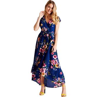 Yumi Floral Print Dipped Hem Wrap Midi Dress in Navy at Nordstrom, Size 10