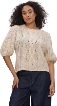 Summum Truien & Vesten, Dames, Beige, XS, Trui met kabelpatroon en pofmouwen