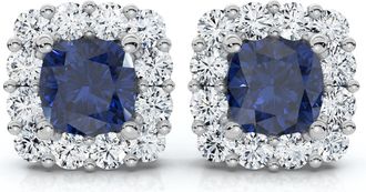 Pompeii3 1 1/2Ct Blue Sapphire & Diamond Cushion Halo Studs 14k Gold Earrings Lab Grown