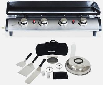 Sweeek Piastra plancha a gas in acciaio inox 4 bruciatori 10kW con utensili