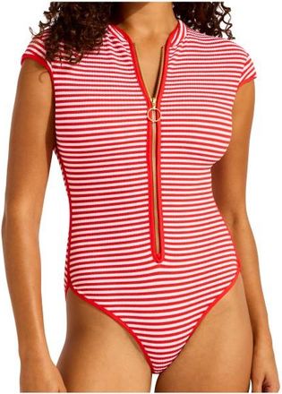 Seafolly Clubhouse Cap Sleeve Zip Front One Piece Badeanzug f&uuml;r Damen | bunt