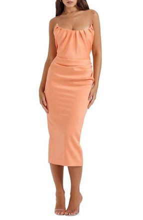 House of CB Alora Strapless Stretch Satin Midi Dress in Tangerine at Nordstrom, Size X-Small