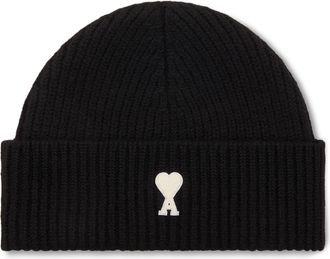 Ami Ribbed Knit Beanie With Heart Emblem
