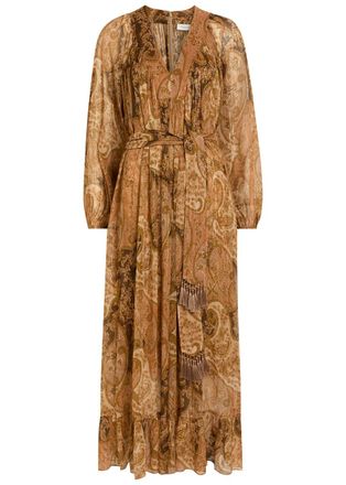 Zimmermann Carousel Belted Metallic Silk-chiffon Midi Dress - Brown - 4 (UK 16 / XL)