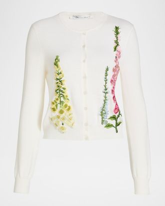 Oscar De La Renta Floral Embroidered Wool Crewneck Cardigan