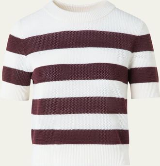 Akris Striped Cool Wool Mesh Knit Short-Sleeve Sweater