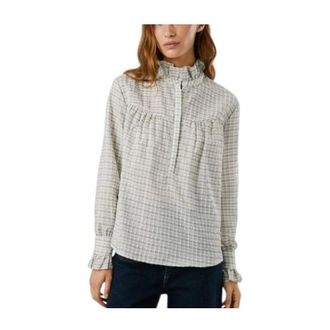 Pepe Jeans London Blouses, female, White, Size: M Ruffled high neck blouse with checkered print