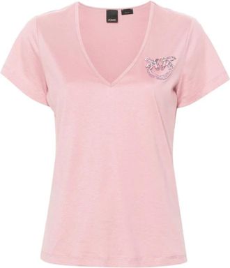 Pinko V-Hals Geborduurde T-Shirt - Dames - T-shirts - Roze - S - Katoen - Tops