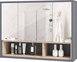 HOMCOM Armadietto Bagno A 3 Ante Con Specchio E 8 Vani 80x20x60 Cm Grigio - Homcom