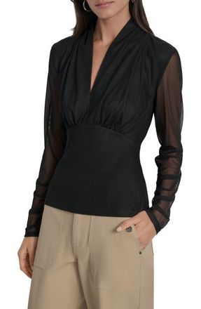 DKNY V-Neck Mesh Sleeve Top in Black at Nordstrom, Size X-Small