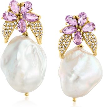 Ross-Simons 12-15mm Cultured Baroque Pearl and Amethyst Floral Drop Earrings With. White Topaz in 18kt Gold Over Sterling