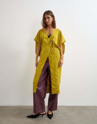 Topshop giacca da camera lunga in jacquard color senape-Giallo