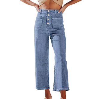 Generic Womens Cropped Denim Pants Mom Fit Comfort Stretch Organic Cotton Ankle Jeans Elasticated High Waisted Tummy Control Buttons Loose Straight Wide Leg L