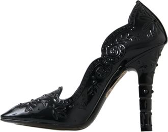 Dolce & Gabbana Womens Black Cinderella Floral Crystal Heels Shoes Pvc