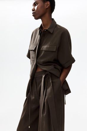 H&M Tie-detail Twill Pants in Dark Taupe at Nordstrom, Size 14