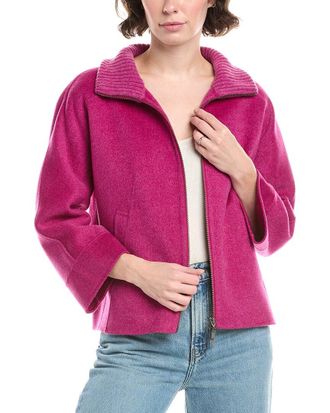Fort&eacute; Cashmere Knit Detail Short Zip Mock Wool & Cashmere-Blend Jacket