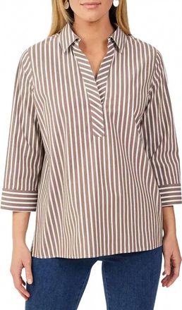 Foxcroft Sophia Three Quarter Stripe Popover Top In Brown