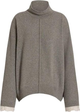 Alberta Ferretti Cashmere Trui met Contrasterende Kantmanchetten - Dames - Cashmere truien - Grijs - S - Leer - Truien & Vesten