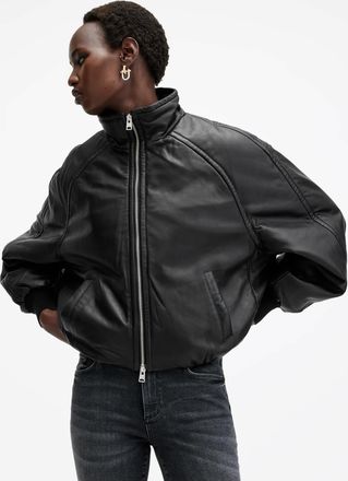 AllSaints Leather Rowan Funnel Neck Leather Bomber Jacket, Size: UK 14/US 10