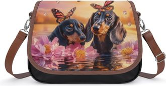 Generic Dachshund Dogs Monarch Butterfly1 Crossbody Bag Womens Handbag PU Message Bags Shoulder Purse with Adjustable Strap