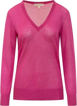 Michael Kors Roze V-hals Gebreide trui met Geribbelde Details - Dames - V-hals truien - Roze - S - Truien & Vesten