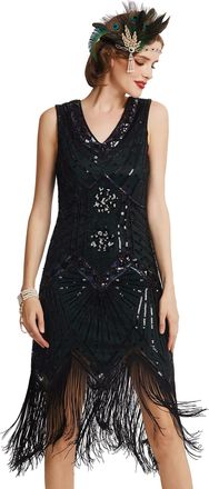 Babeyond Womens Flapper Dresses 1920s V Neck Beaded Fringed Great Gatsby Dress (DarkGreen 2, XXXL)