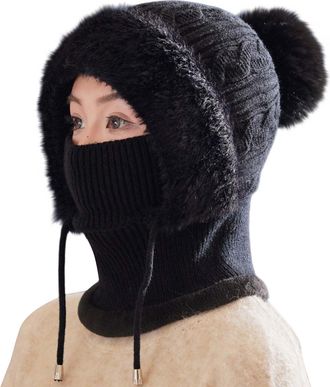 Generic Winter Warm Knitted Cap Neck Warmer Sets Women Knit Balaclava Windproof Skimask Flexible Beanie Hat with Hairball Soft Thick Fleece Lined,Adjustable F