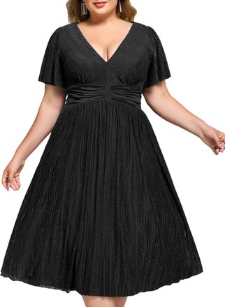 Ever-pretty Womens Midi Plus Size Wedding Guest Dress Glitter Empire Waist A-Line Black 24