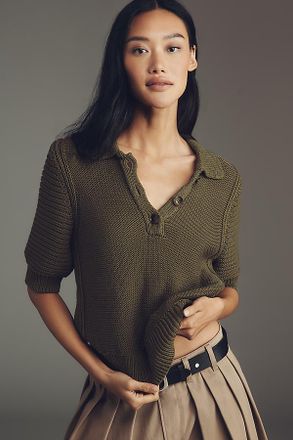 Michael Stars Marley Puff-Sleeve Polo Sweater