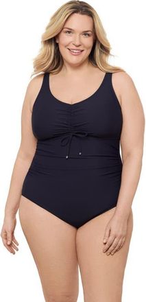 Aqua Green Plus Size Cinch V-neck Side Shirred One-Piece Swimsuit in True Navy at Nordstrom, Size 2 X