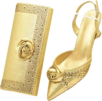 Generic Womens Wedding Stiletto High Heel Shoes and Evening Handbag Set Sparkly Rhinestone Handmade Flowers Decoration