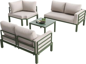 STILVORA Conjunto De Jard&iacute;n De 5 Plazas En Metal Con Mesa De Cristal, 2 Sof&aacute;s, Sill&oacute;n Y Cojines Gruesos, Beige