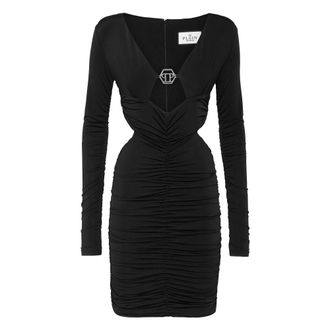 Philipp Plein Kleedjes, Dames, Zwart, L, Draped Lange Mouw Jurk