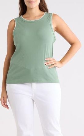 Caslon Whipstitch Trim Rib Tank in Green Hedge- Ivory Pristine at Nordstrom Rack, Size 1 X